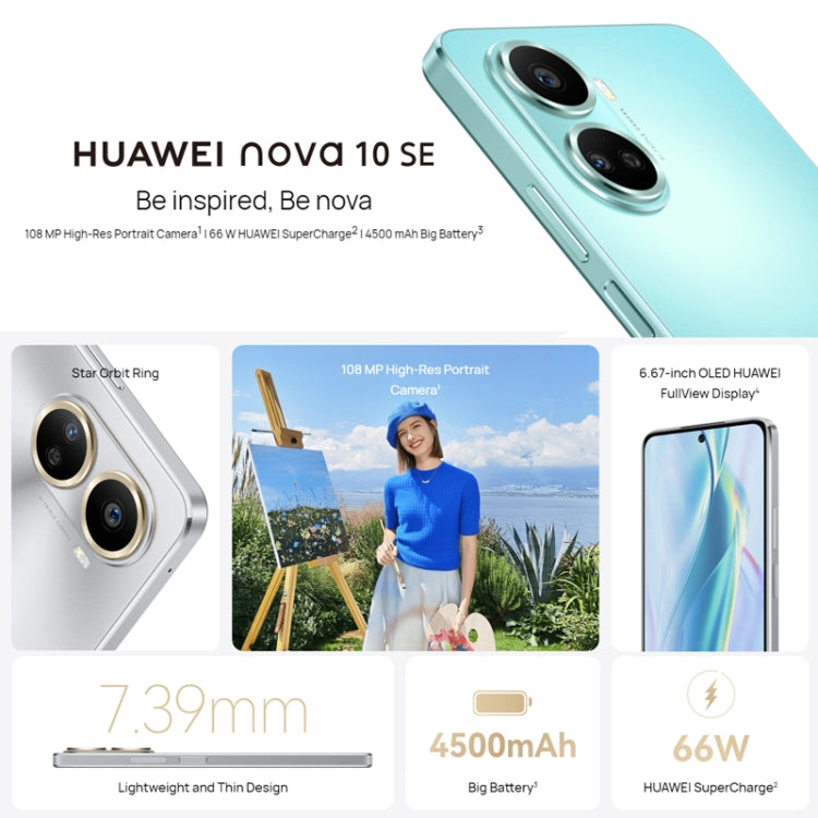 Triple Back Cameras + Single Front Camera, Side Fingerprint Identification, 6.67 inch HarmonyOS 2.0.1 Qualcomm Snapdragon 680 Octa Core, Network: 4G, OTG, NFC, Not Support Google Play, nova 10 SE 256GB Triple Back Cameras + Single Front Camera, Side Fingerprint Identification, 6.67 inch HarmonyOS 2.0.1 Qualcomm Snapdragon 680 Octa Core, Network: 4G, OTG, NFC, Not Support Google Play, nova 10 SE 256GB